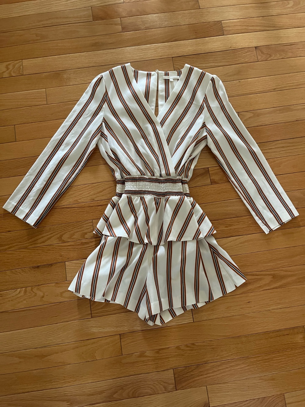 Maje Striped White, Rust & Navy V-Neck long sleeve romper. BNWOT size 36/ US 2-4